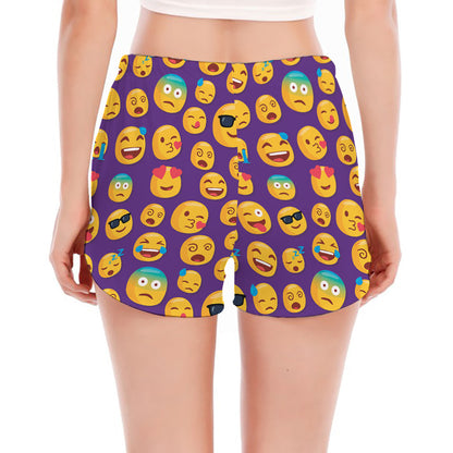 Purple Emoji Pattern Print Women's Split Running Shorts