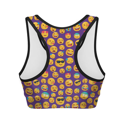 Purple Emoji Pattern Print Women's Sports Bra