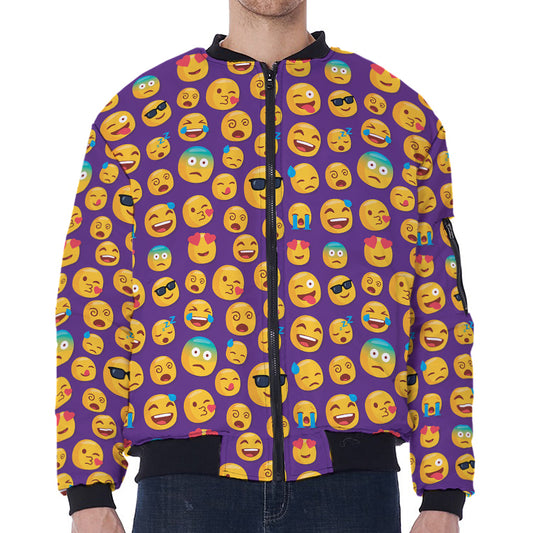 Purple Emoji Pattern Print Zip Sleeve Bomber Jacket