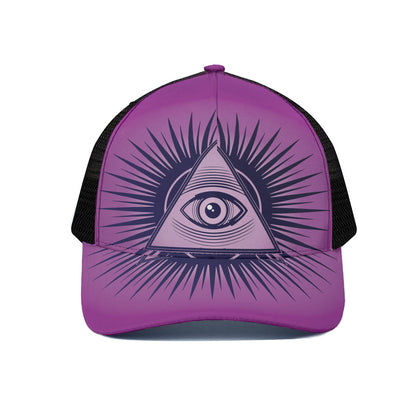 Purple Eye of Providence Print Black Mesh Trucker Cap