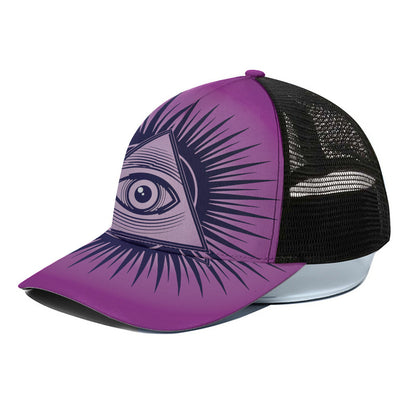Purple Eye of Providence Print Black Mesh Trucker Cap