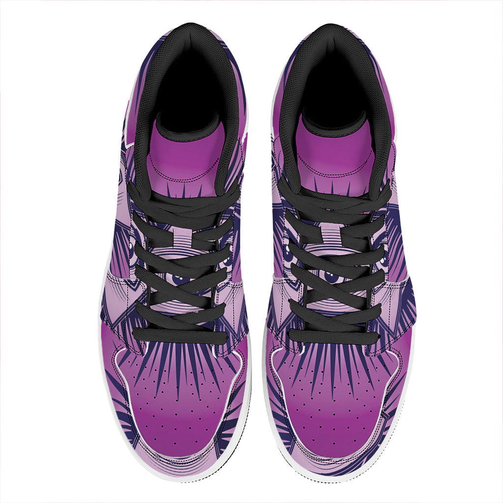 Purple Eye of Providence Print High Top Leather Sneakers