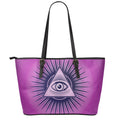 Purple Eye of Providence Print Leather Tote Bag With Zipper