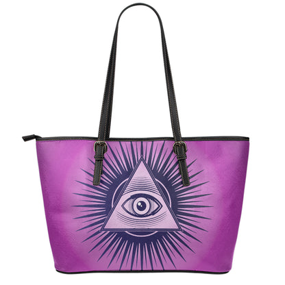 Purple Eye of Providence Print Leather Tote Bag