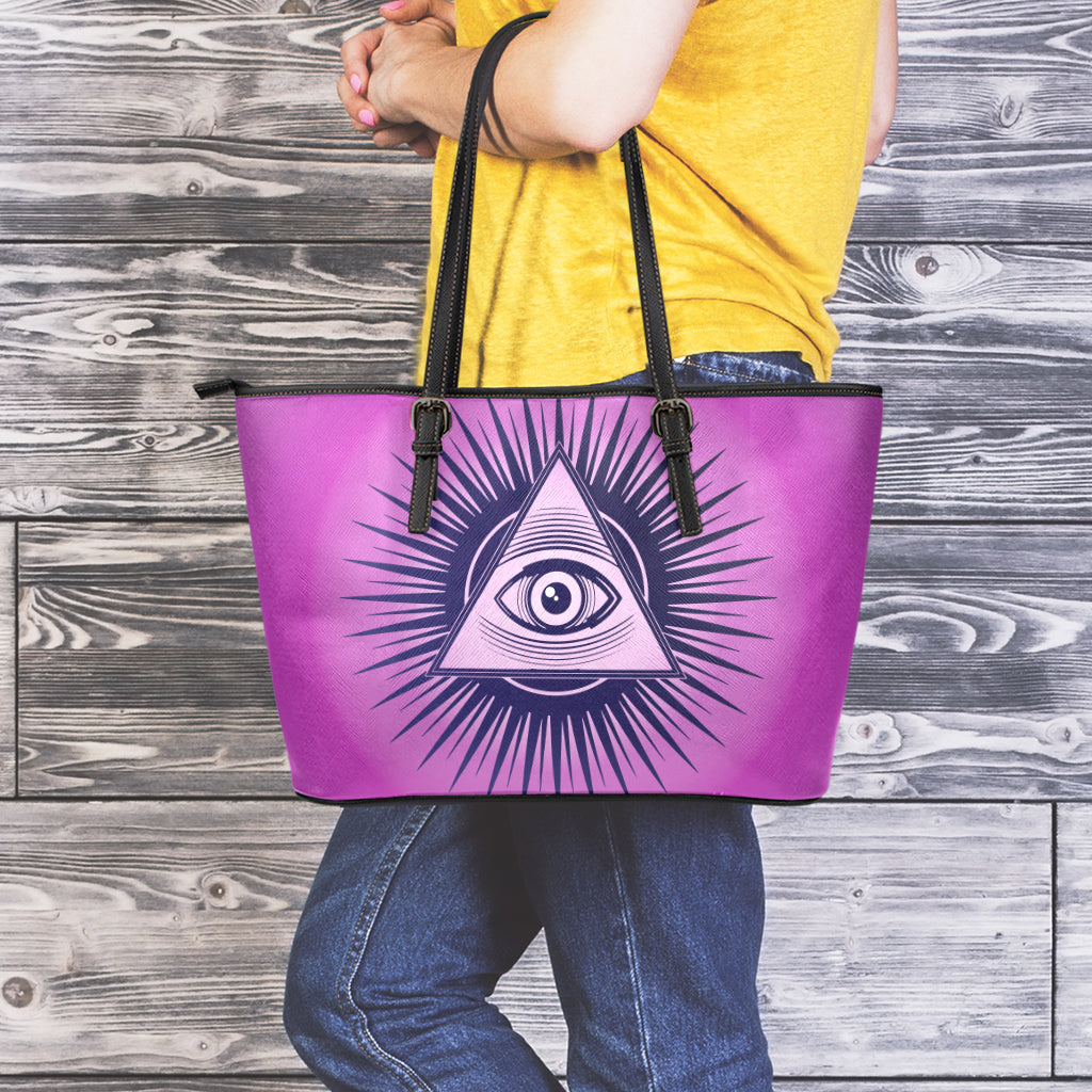 Purple Eye of Providence Print Leather Tote Bag