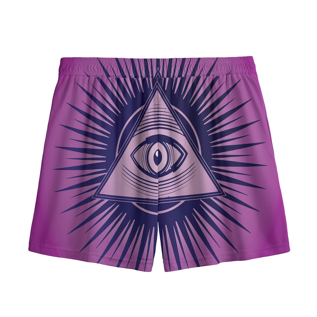 Purple Eye of Providence Print Mesh Shorts