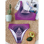Purple Eye of Providence Print One Shoulder Bikini Top