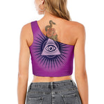 Purple Eye of Providence Print One Shoulder Crop Top