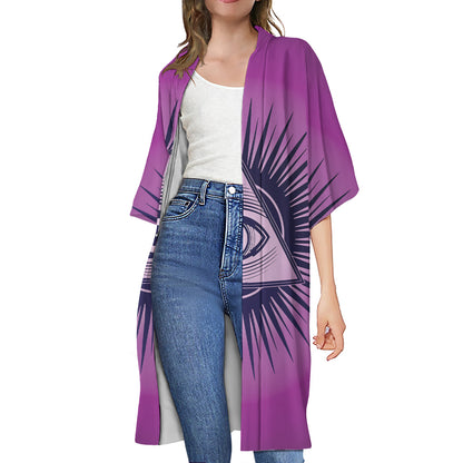 Purple Eye of Providence Print Open Front Beach Cover Up