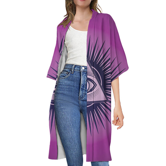 Purple Eye of Providence Print Open Front Beach Cover Up