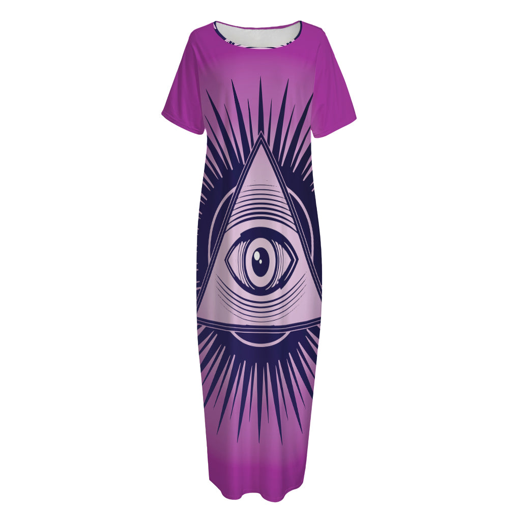 Purple Eye of Providence Print Short Sleeve Long Nightdress