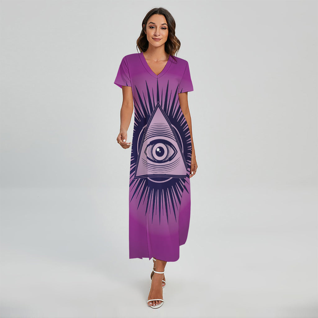 Purple Eye of Providence Print Short Sleeve Maxi Dress