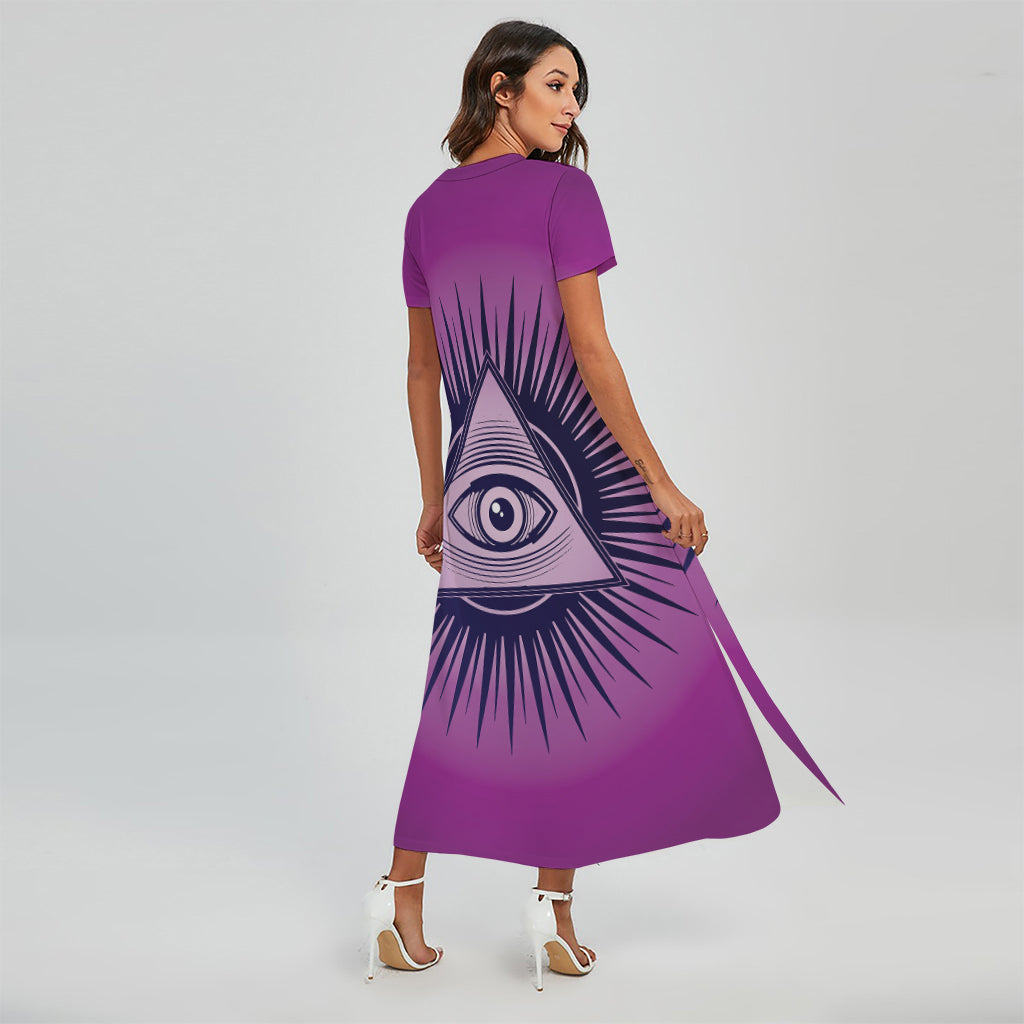 Purple Eye of Providence Print Short Sleeve Maxi Dress