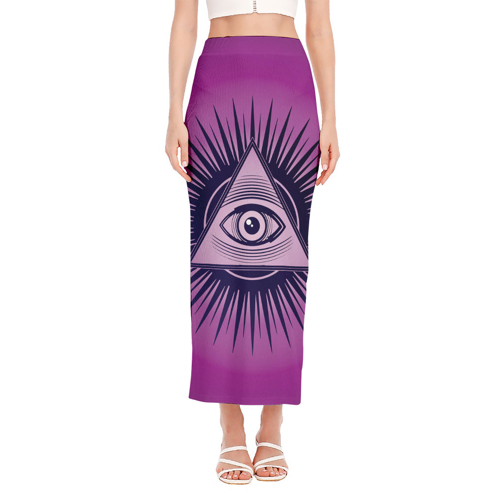 Purple Eye of Providence Print Side Slit Maxi Skirt