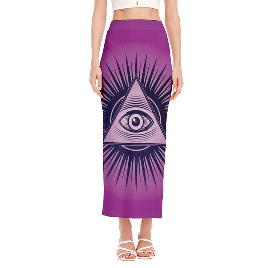 Purple Eye of Providence Print Side Slit Maxi Skirt