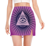Purple Eye of Providence Print Side Slit Mini Skirt
