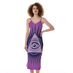 Purple Eye of Providence Print Slim Fit Midi Cami Dress