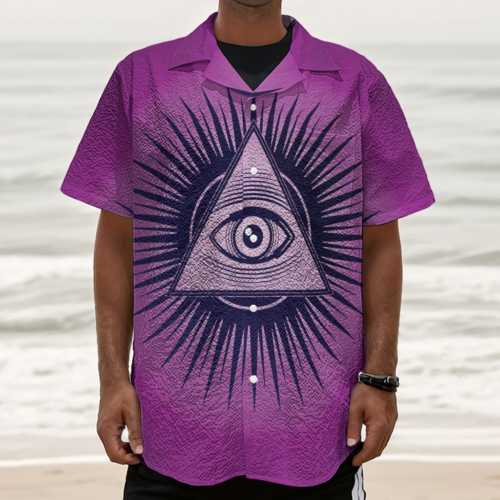 Purple Eye of Providence Print Textured Short Sleeve Shirt