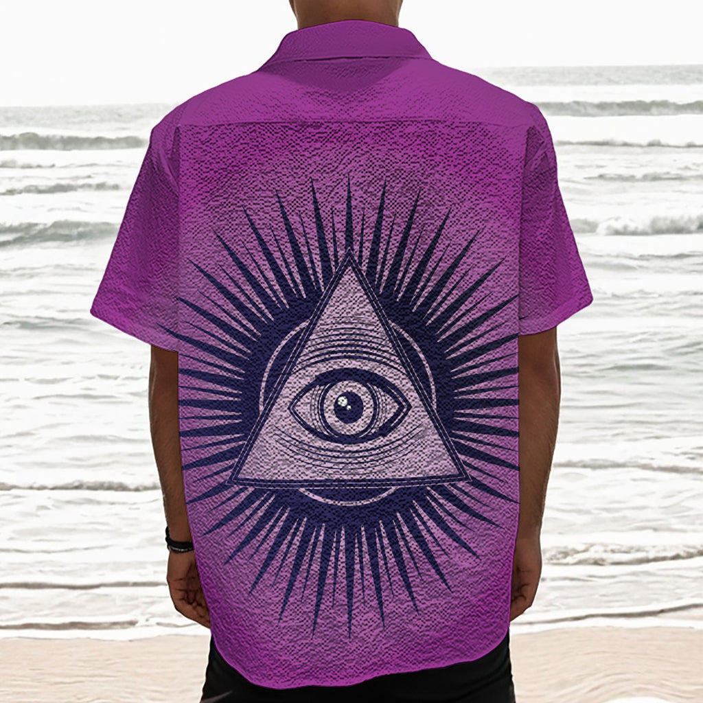 Purple Eye of Providence Print Textured Short Sleeve Shirt