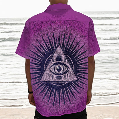 Purple Eye of Providence Print Textured Short Sleeve Shirt
