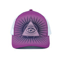 Purple Eye of Providence Print White Mesh Trucker Hat