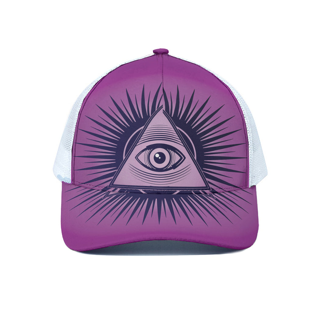 Purple Eye of Providence Print White Mesh Trucker Cap