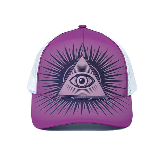 Purple Eye of Providence Print White Mesh Trucker Cap