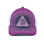 Purple Eye of Providence Print White Mesh Trucker Cap
