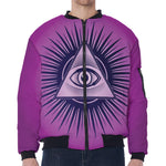 Purple Eye of Providence Print Zip Sleeve Bomber Jacket