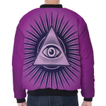 Purple Eye of Providence Print Zip Sleeve Bomber Jacket