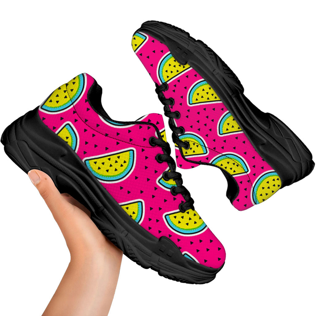 Purple Fancy Watermelon Pattern Print Black Chunky Shoes