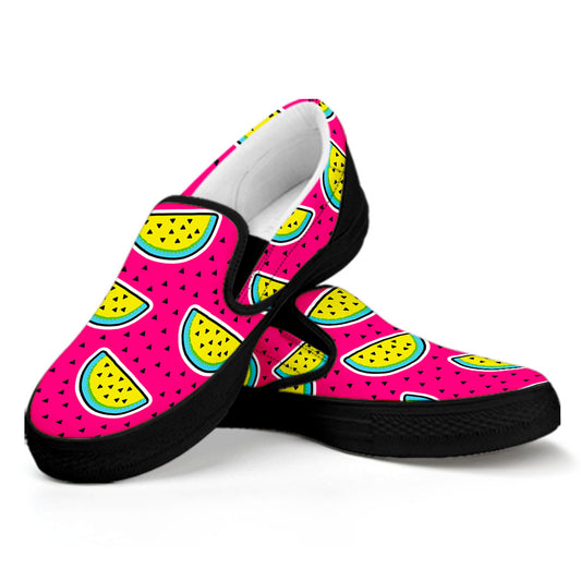 Purple Fancy Watermelon Pattern Print Black Slip On Sneakers