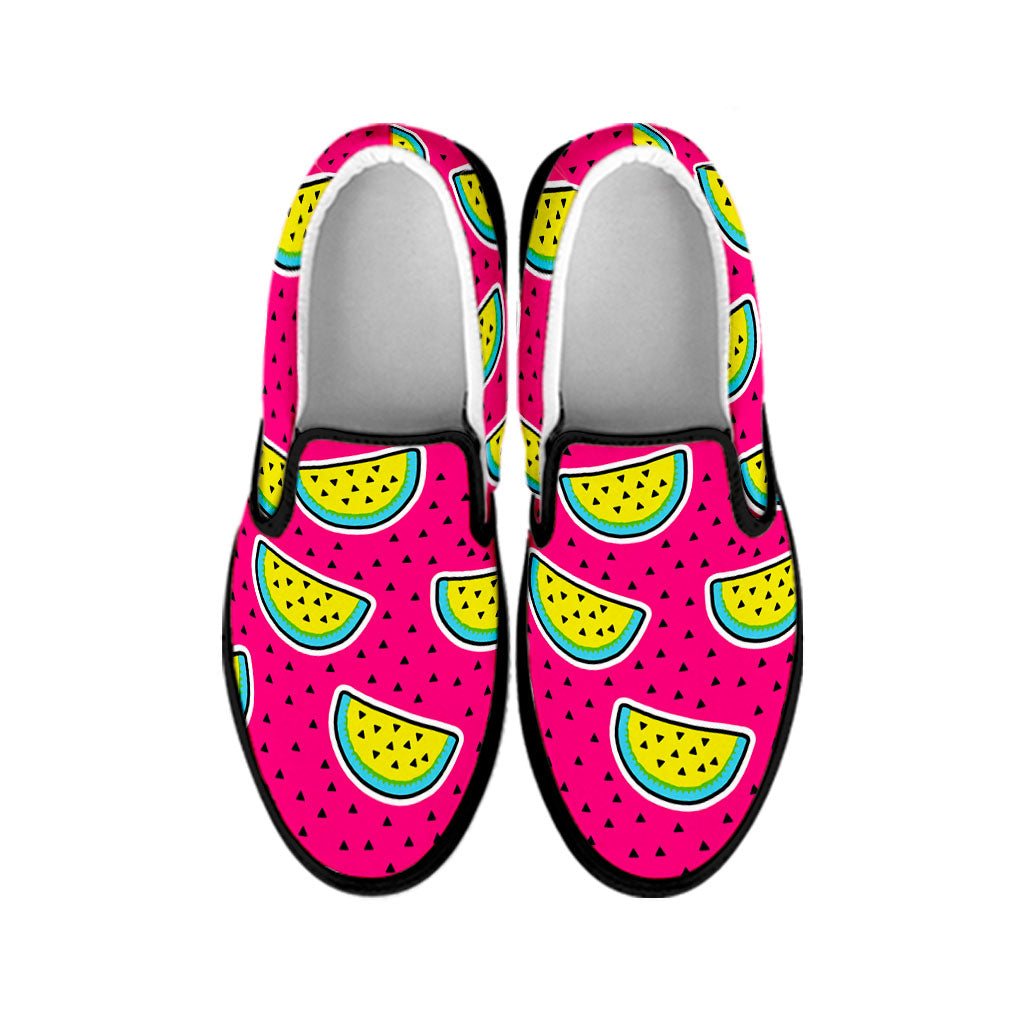 Purple Fancy Watermelon Pattern Print Black Slip On Sneakers