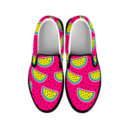 Purple Fancy Watermelon Pattern Print Black Slip On Sneakers