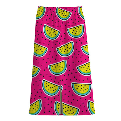 Purple Fancy Watermelon Pattern Print Cotton Front Slit Maxi Skirt