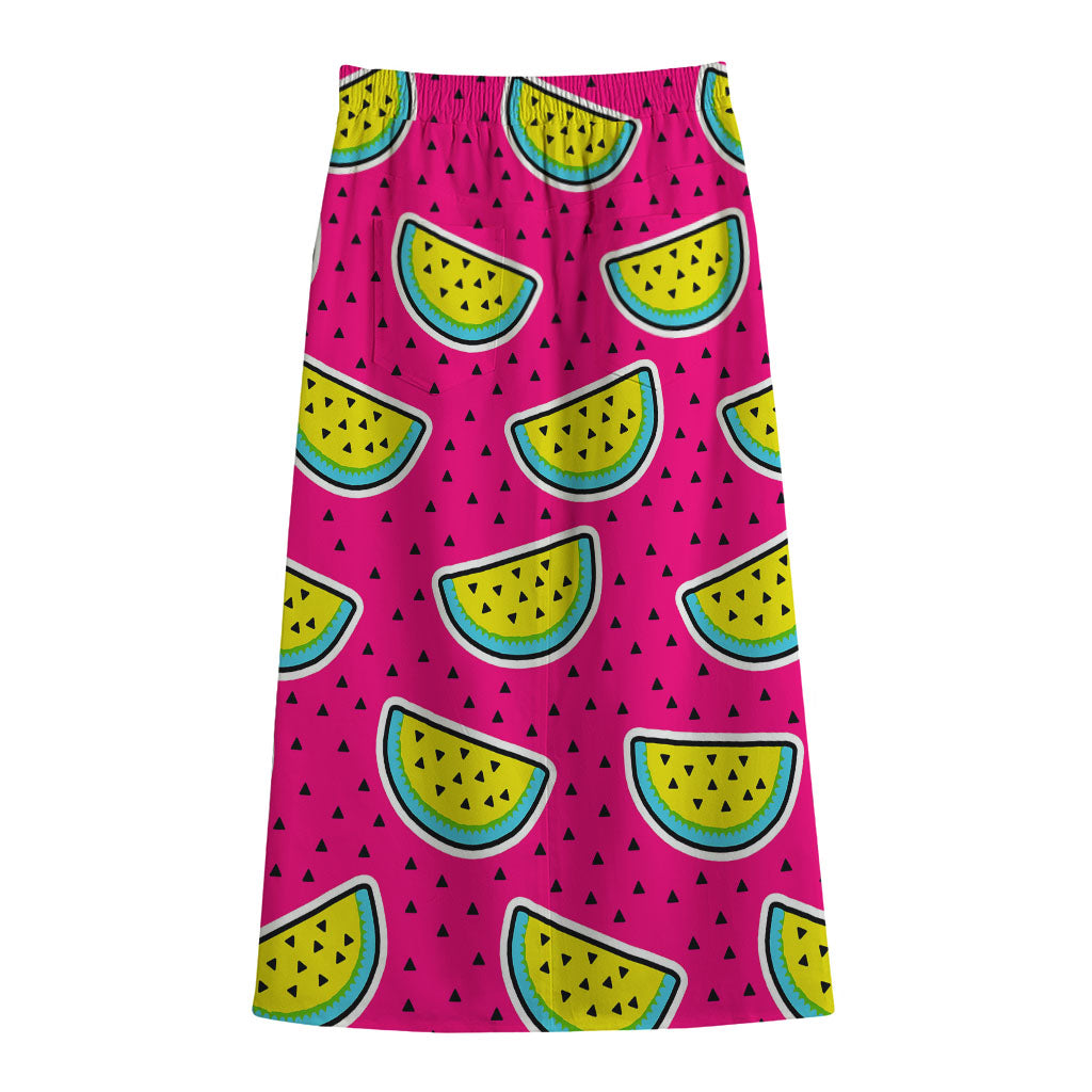 Purple Fancy Watermelon Pattern Print Cotton Front Slit Maxi Skirt