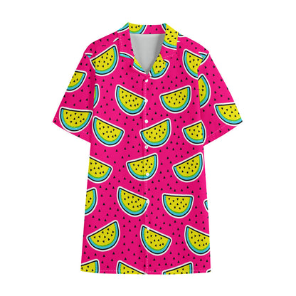 Purple Fancy Watermelon Pattern Print Cotton Hawaiian Shirt