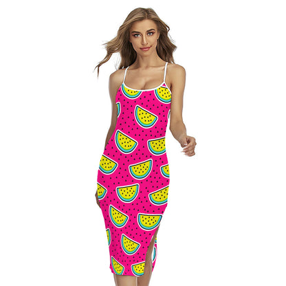 Purple Fancy Watermelon Pattern Print Cross Back Cami Dress