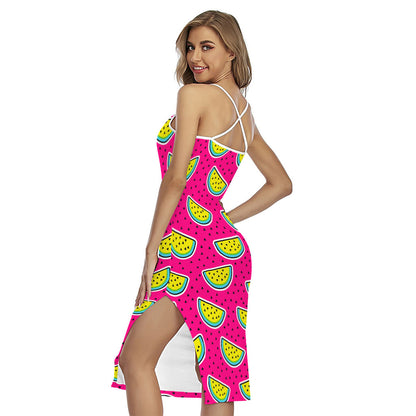 Purple Fancy Watermelon Pattern Print Cross Back Cami Dress