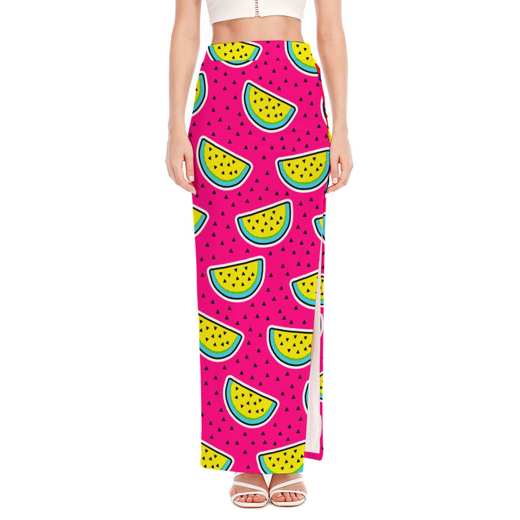 Purple Fancy Watermelon Pattern Print High Slit Maxi Skirt