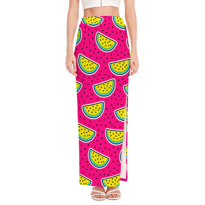 Purple Fancy Watermelon Pattern Print High Slit Maxi Skirt