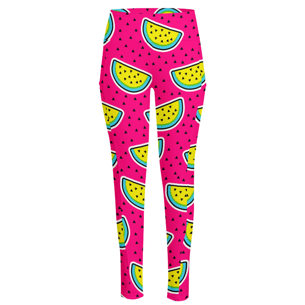 Purple Fancy Watermelon Pattern Print High-Waisted Pocket Leggings