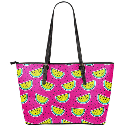 Purple Fancy Watermelon Pattern Print Leather Tote Bag