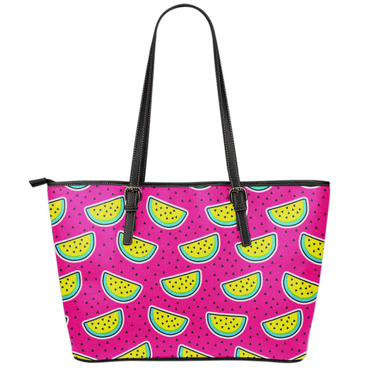 Purple Fancy Watermelon Pattern Print Leather Tote Bag