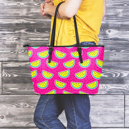 Purple Fancy Watermelon Pattern Print Leather Tote Bag