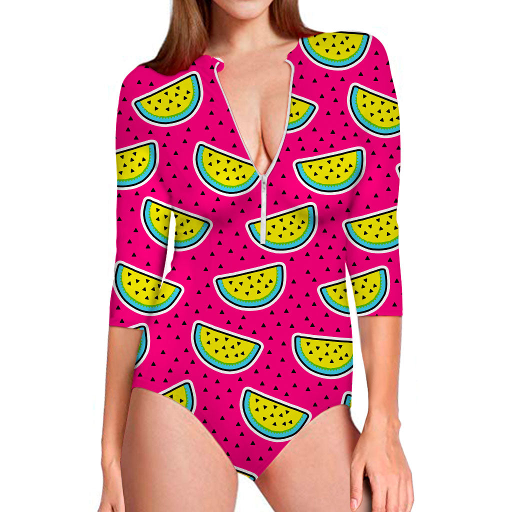 Purple Fancy Watermelon Pattern Print Long Sleeve Swimsuit