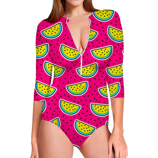 Purple Fancy Watermelon Pattern Print Long Sleeve Swimsuit