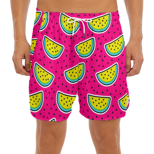 Purple Fancy Watermelon Pattern Print Men's Split Running Shorts