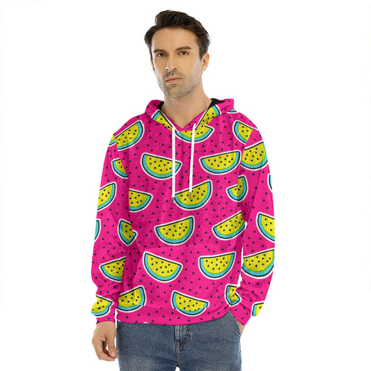 Purple Fancy Watermelon Pattern Print Men's Velvet Pullover Hoodie