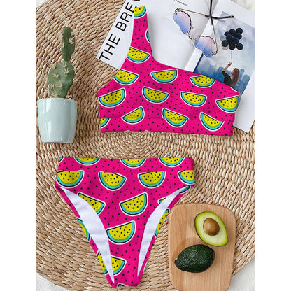 Purple Fancy Watermelon Pattern Print One Shoulder Bikini Top